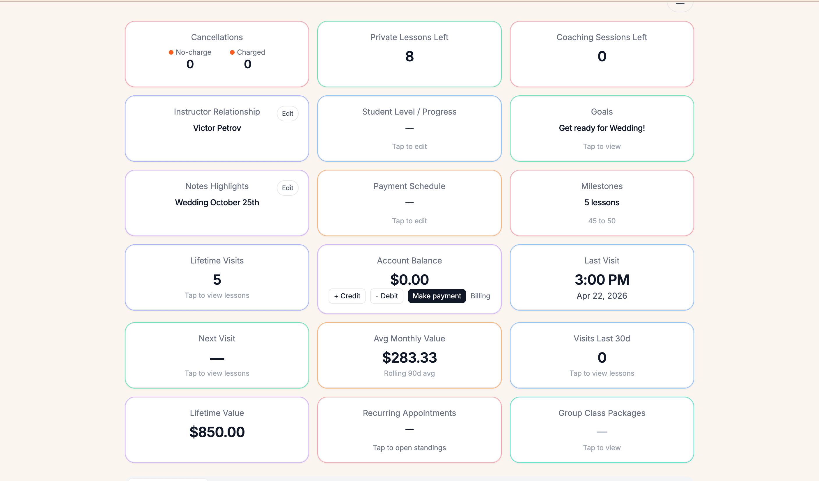 Ballroom Booking lesson package tracking screenshot.