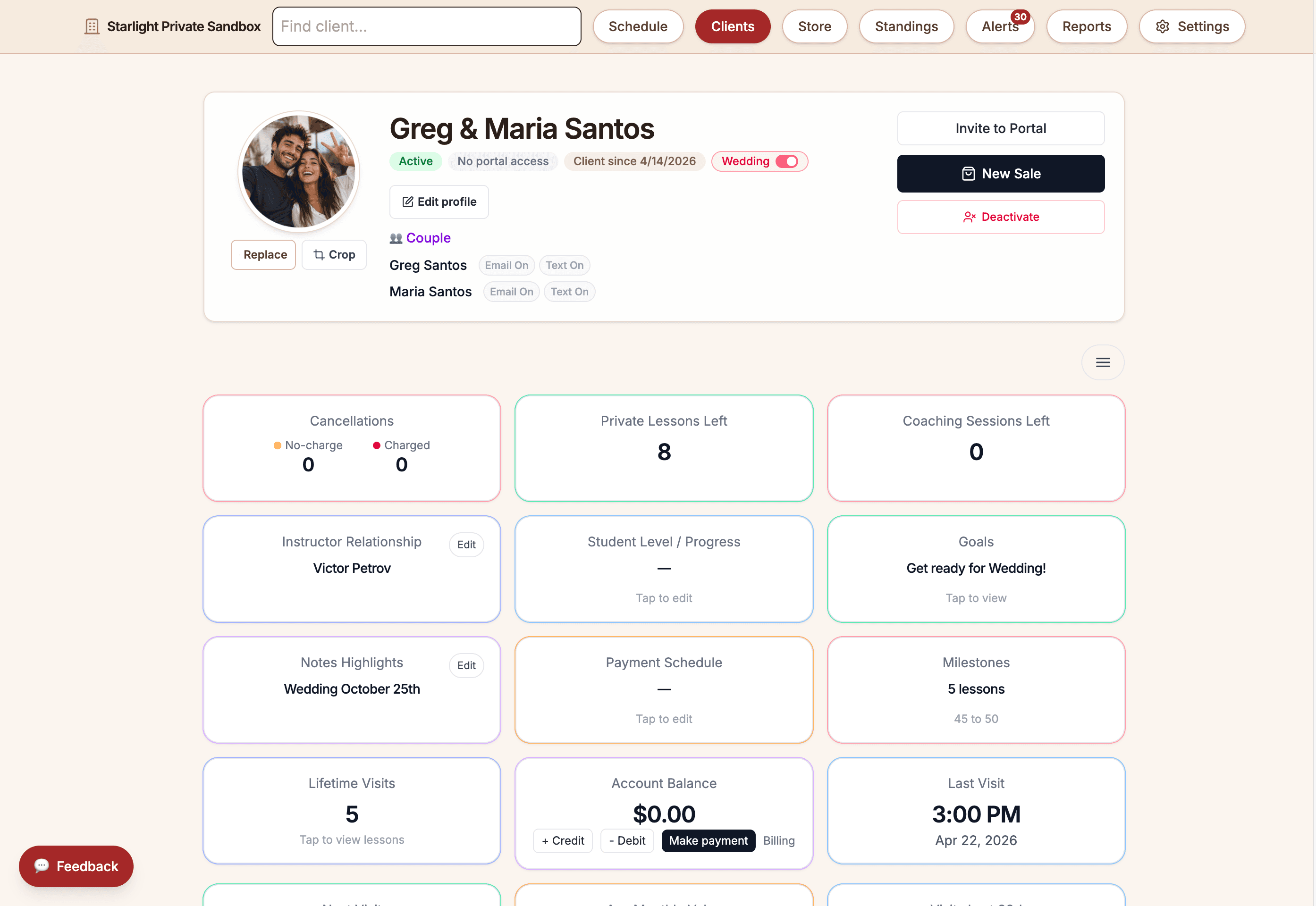 Ballroom Booking student and couple account.