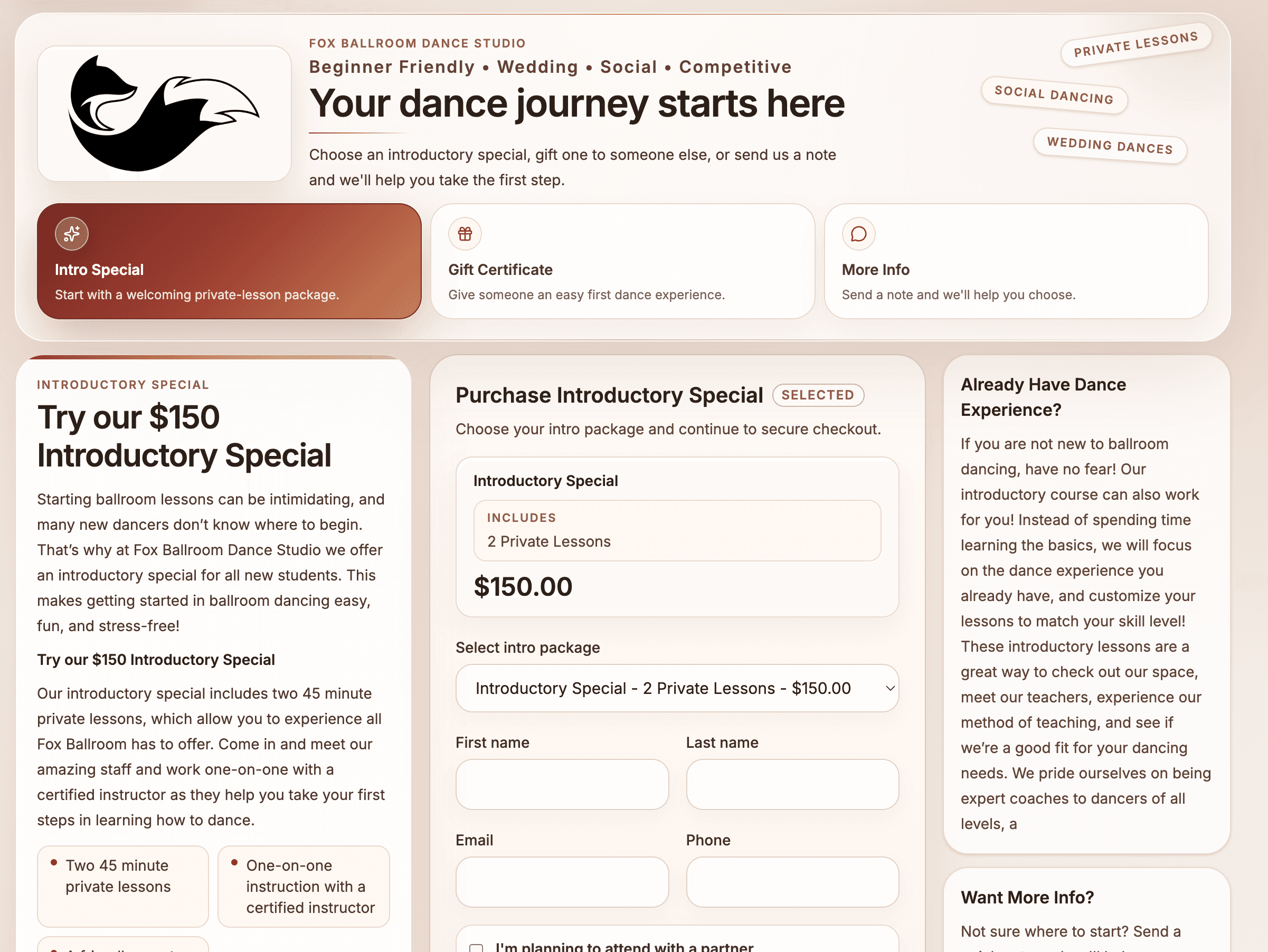Ballroom Booking public offers and gift certificate page.